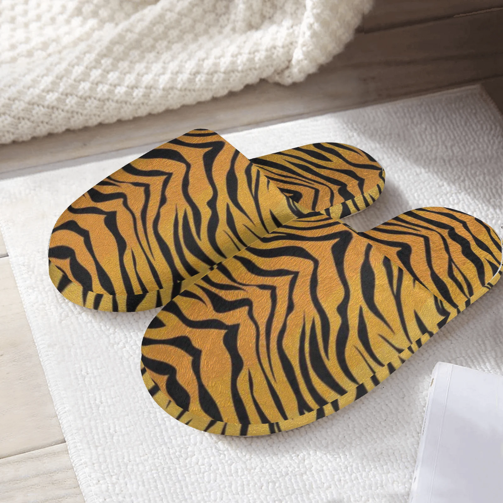 

Customizable tiger stripe print home cotton slippers high quality plush fashion casual warm shoes warm slippers