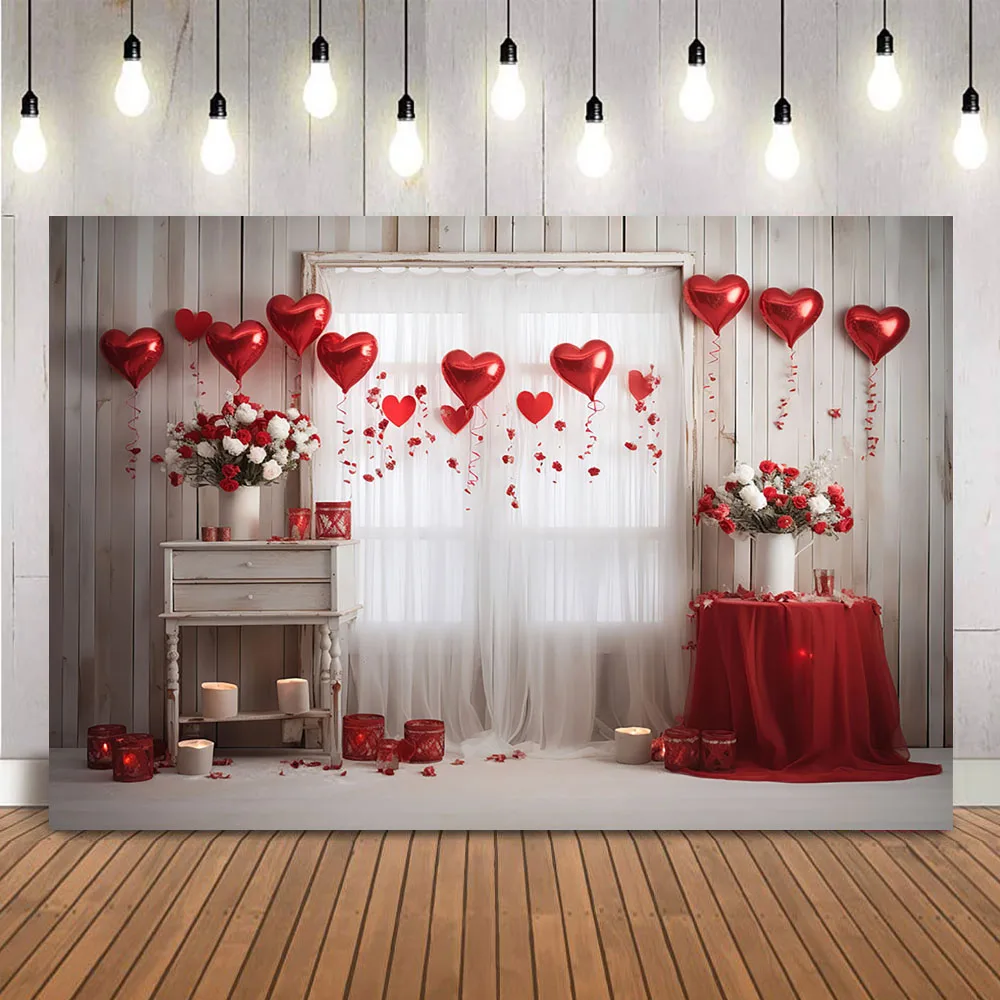 Love heart Balloons Backdrop for Photography Wood Board Valentine's Day Cake Smash Portrait Background for Photobooth Studio