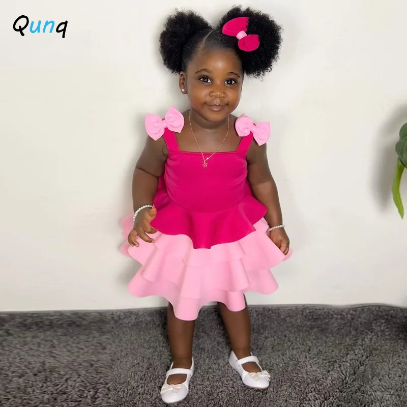 Qunq 2023 Summer INS New Girls Lovely Splice Color Bow Halter Flounce Top+Cake Skirt  2 Pieces Set Casual Kids Clothes Age 3T-8T