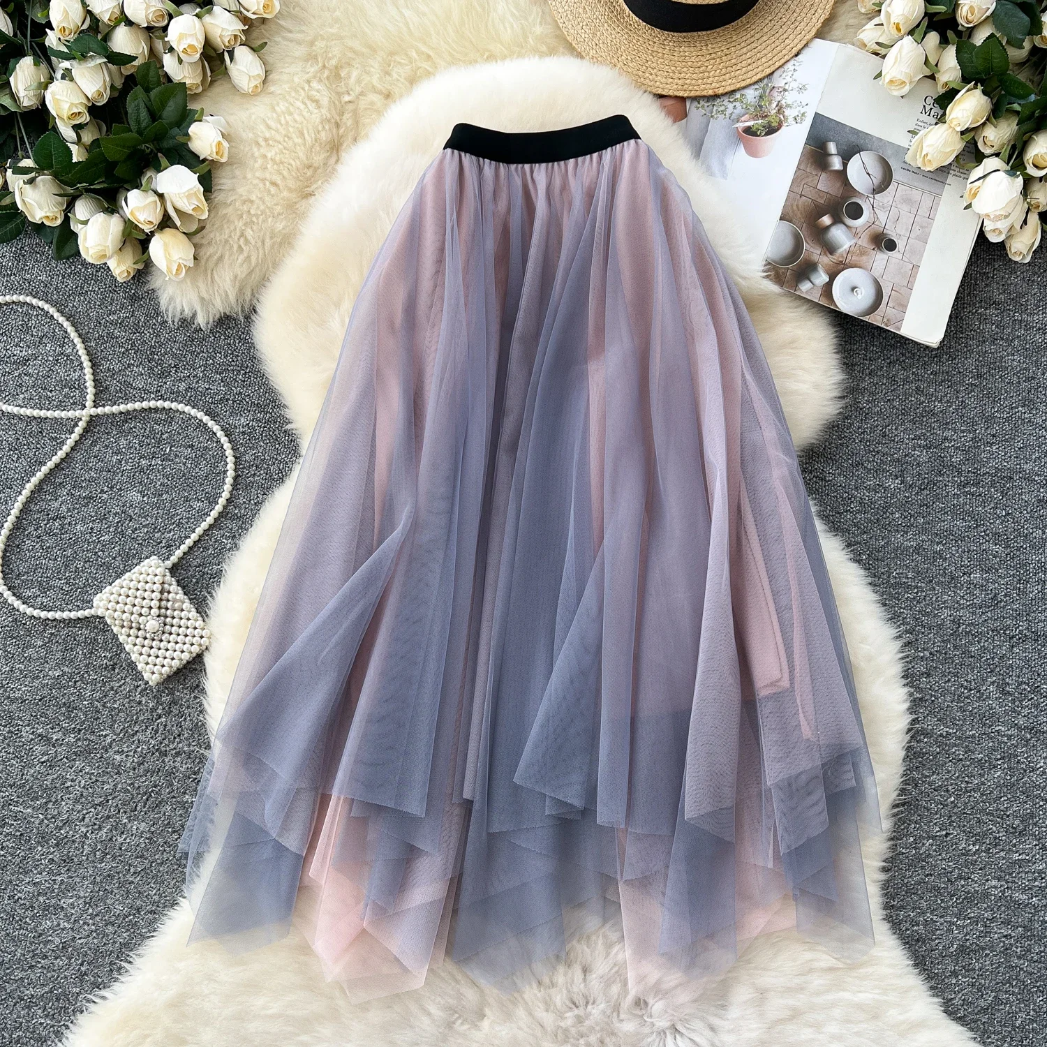 Basics Mesh Elegant Elastic Waist Asymmetrical Fairycore A-line Ball Gown Skirt French Streetwear High Street Autumn Clothing