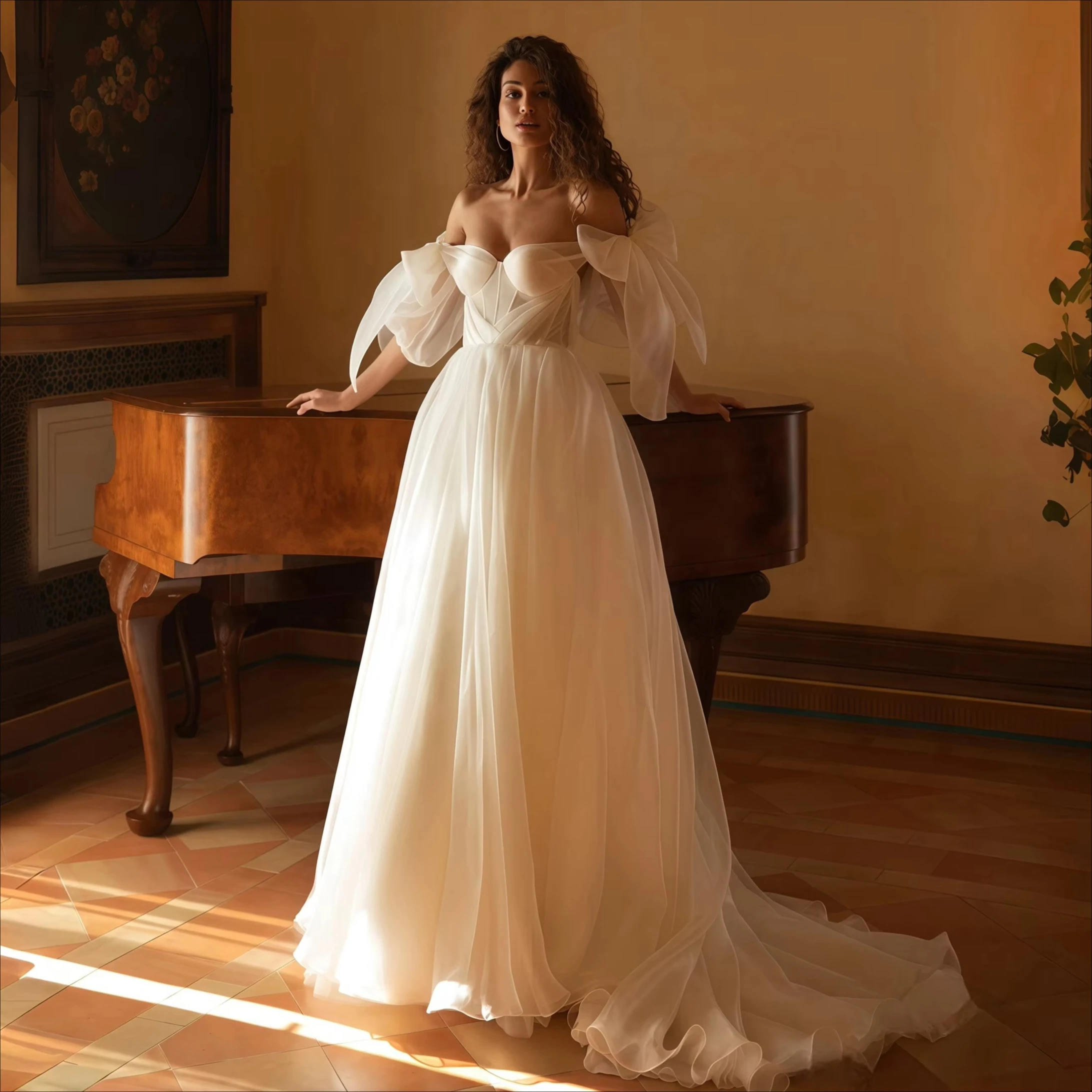 DREAM Off Shoulder Wedding Dresses Ruffle Tulle Sleeves Sweetheart Corset A Line Bridal Gowns Lace Up Back Ivory Bride Dress
