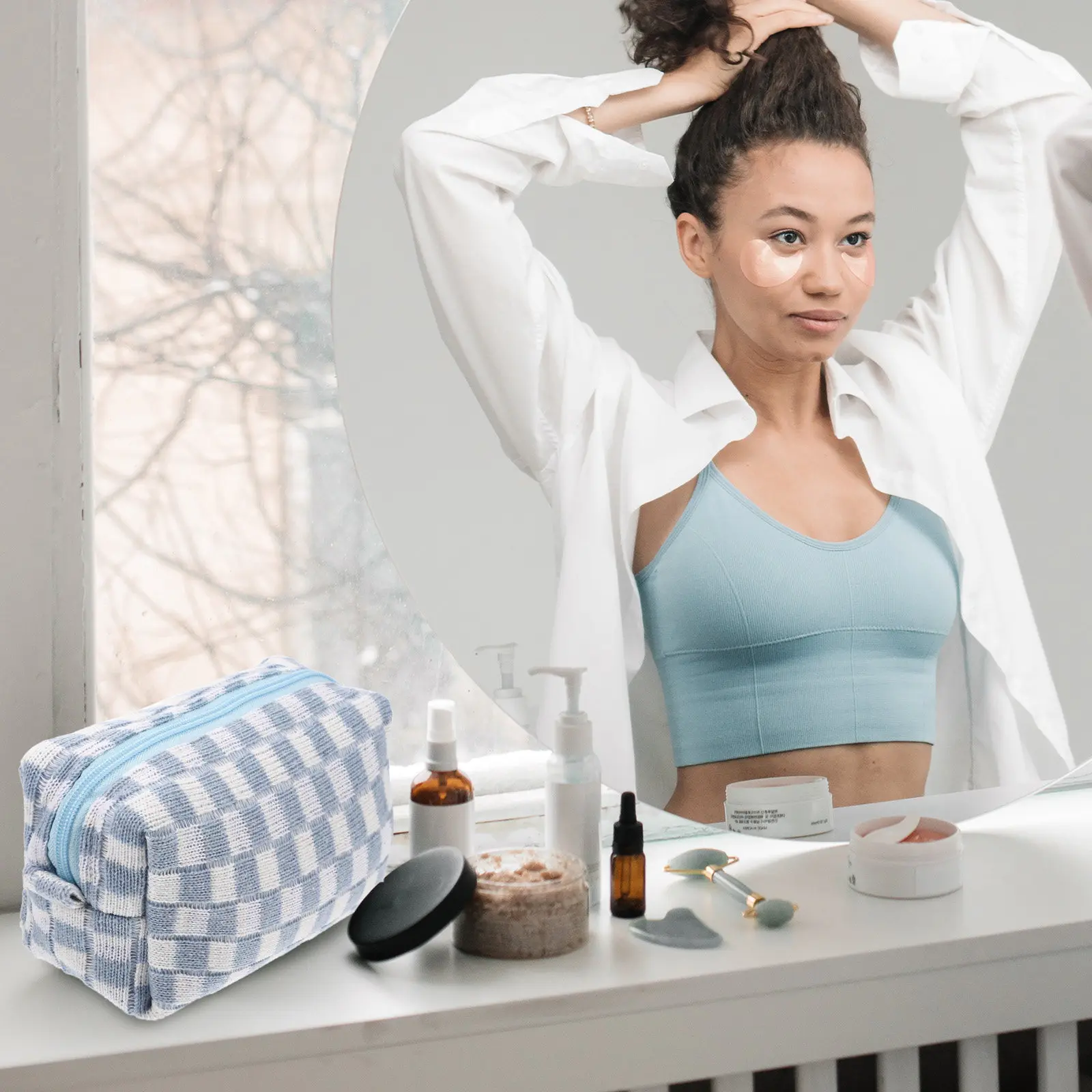 

Checkered Makeup Woolen Yarn Pouch Travel Toiletry Zipper Large Storage Portable Organizer Toiletries Accessories Wash