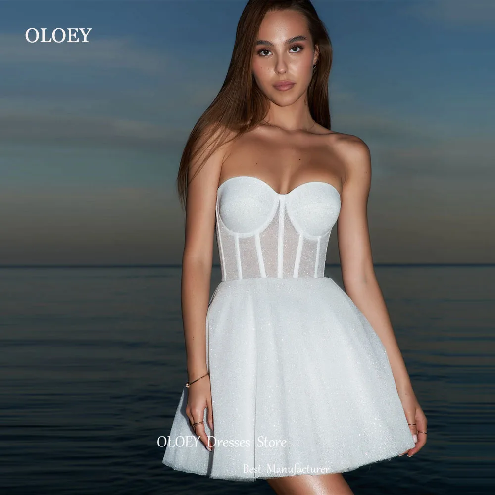 

OLOEY Shiny Glitter A Line Short Wedding Dresses Sweetheart Tulle Mini Bride Gowns Prom Dress Plus Size Summer Party