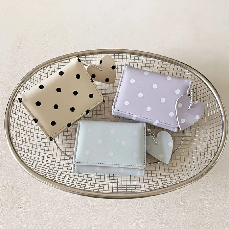Cute Polka Dot Short Wallet for Women Mini PU Leather Bifold Purse with Heart Pendant Multi-color Small Card Holder Coin Pocket