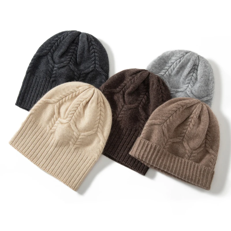 New Women Hat 100% Cashmere Knitted Headgears Warm Hats Beanie Winter Lady Fashion Solid Color Thicken Cap Female Jacquard Cap