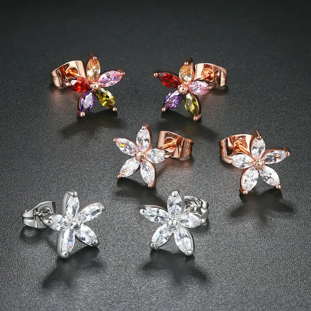 AAA + cyrkonia kwiat różowe złoto kolor stadniny kolczyki HotSale moda zaręczyny OL prezent kryształowa biżuteria dla kobiet DWE062