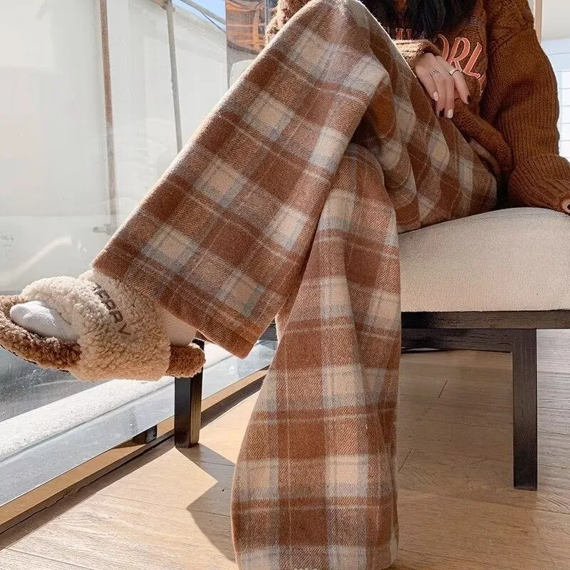 Japanese Red Plaid Velvet Pants High Waist Women's Autumn Winter New Woolen Wide-Leg Pants Thicken Casual Cotton Pants