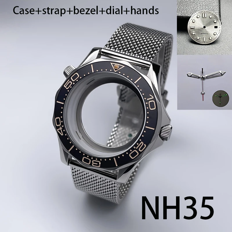41mm Gehäuse aus massivem Edelstahl für NH35 Uhrwerk + 31mm grünes Leuchtzifferblatt + Mesh-Armband, Seamaster 300 NH35 Uhrwerk-Set