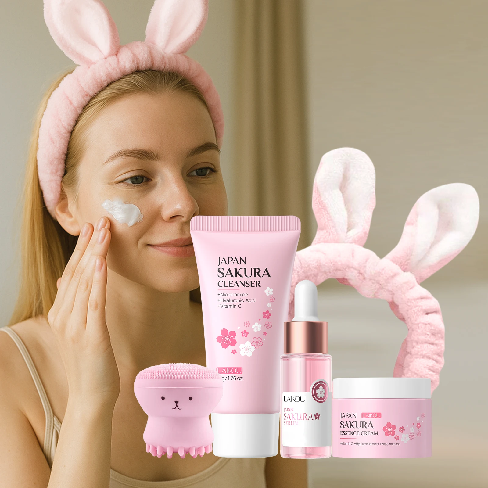 

LAIKOU Japan Sakura Skincare Set Hydrating Anti-Aging Brightening Cleanser Serum Essence Cream 3pcs Set Gift