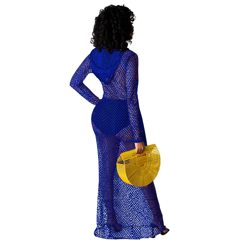 แขนยาว Hooded Fishnet ผู้หญิงเซ็กซี่ Hollow Out ดูผ่าน Maxi Cover Ups Vestidos สีดําไนท์คลับสุภาพสตรีชุด