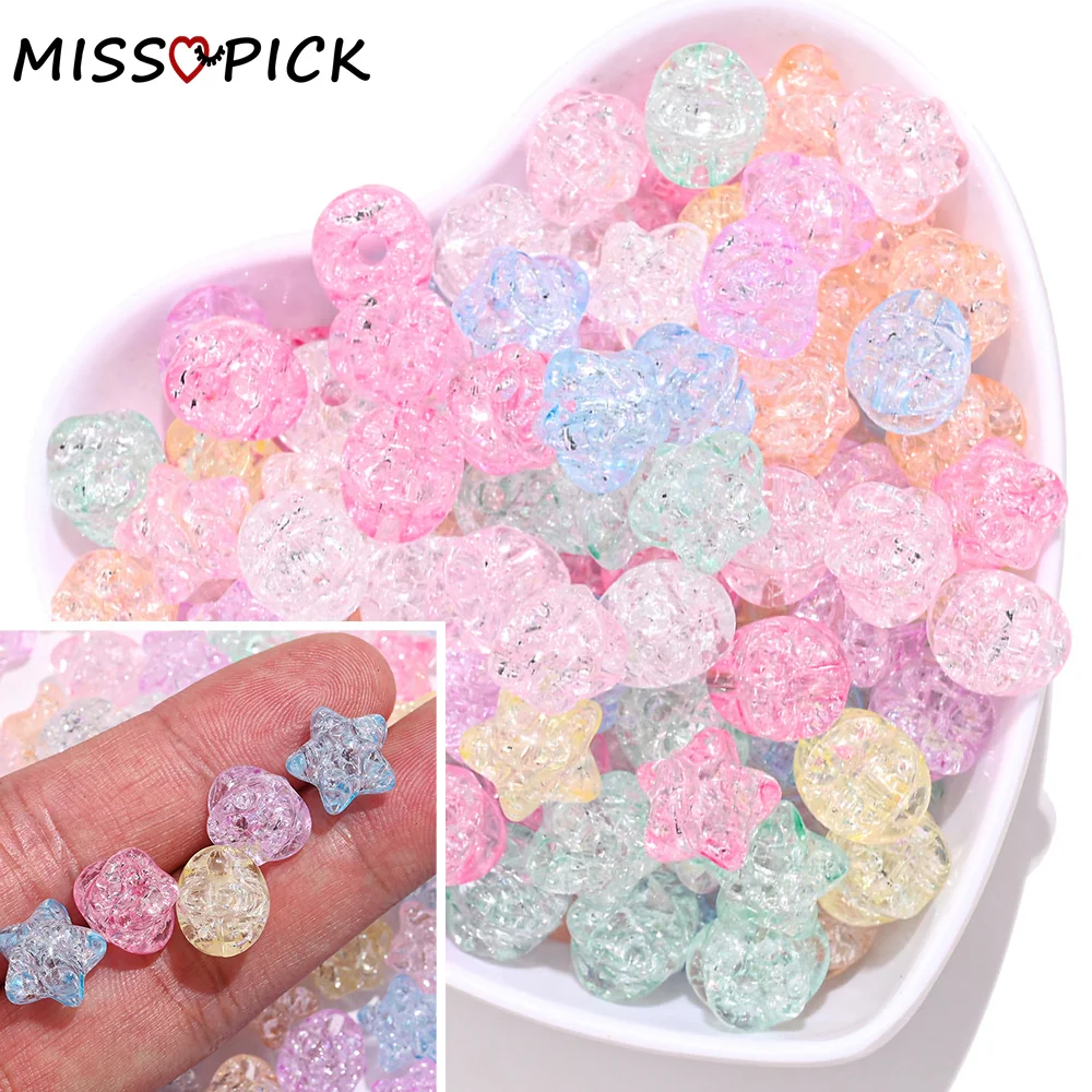 50Pcs 11mm Acrylic Crackle Crystal Stars Beads Mixed Colorful Loose Spacer Beads For Jewelry Making Necklace Bracelets Finding