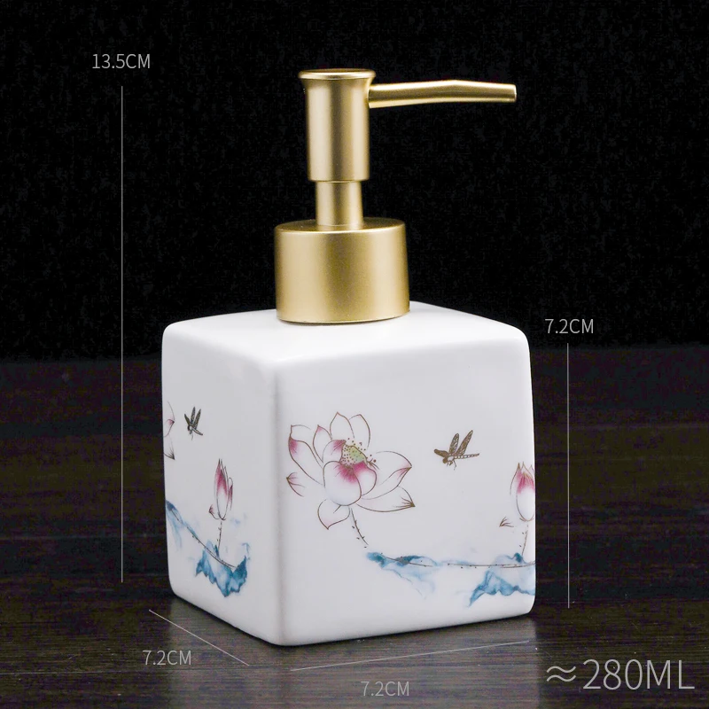 High Value Retro Ceramic Bath Lotion Bottle Press Type Lotus Bathroom Shampoo Dispenser Hotel Shampoo Bottle Bathroom Supplies