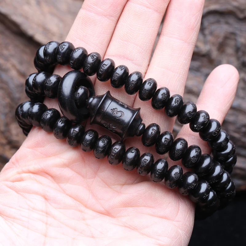 Natural Ebony Tibetan Rosary Beads Six-Character Truth Words 6mmx10mm 108 Beads MALA Necklace