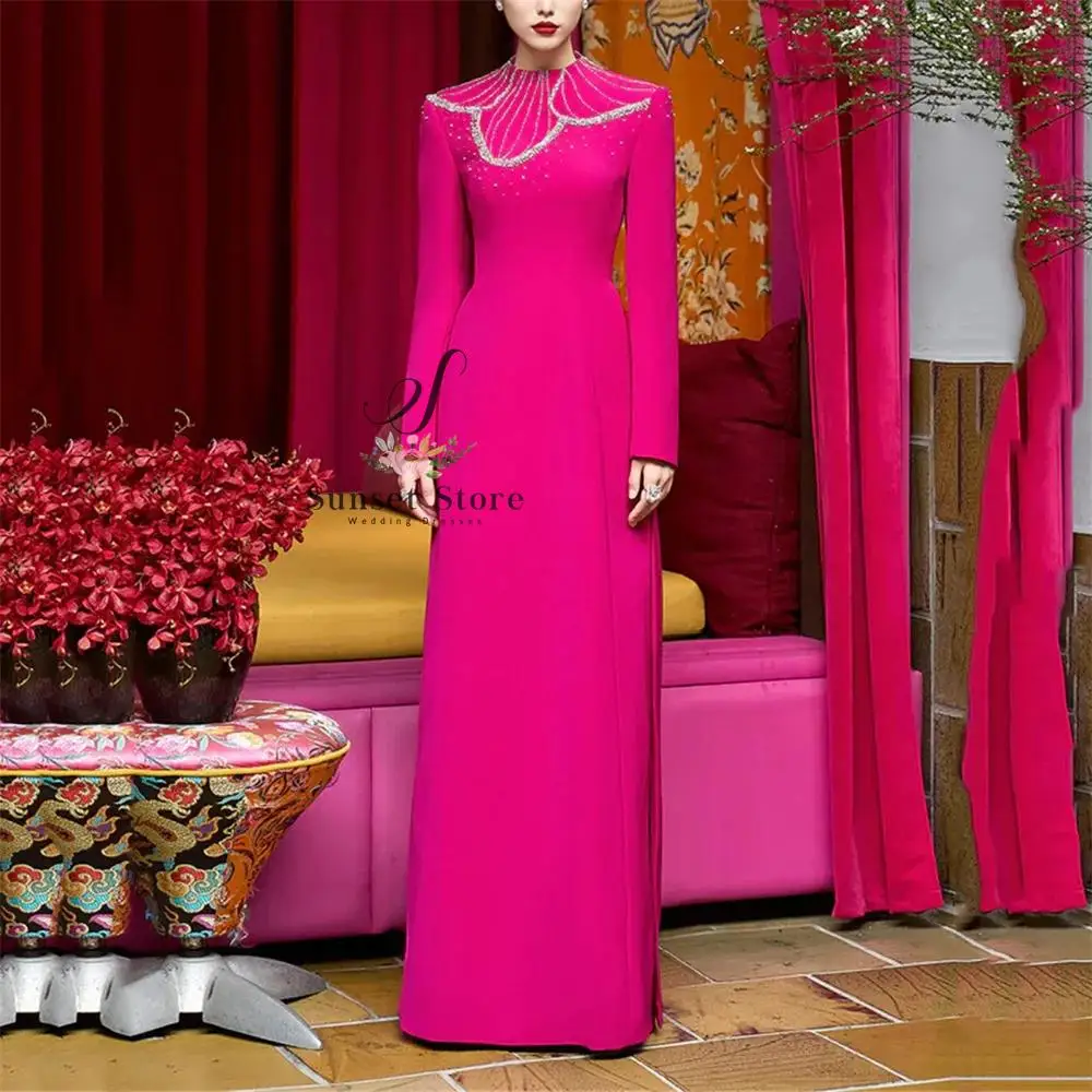 

Customized O Neck Sequined Crystal Full Sleeve Mermaid Evening Dress For Woman Floor Length Fashion Classy Prom Gown