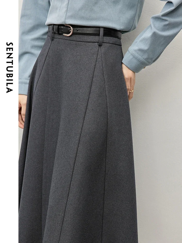 SENTUBILA Office Lady A-line Skirt for Women\'s 2024 Winter Elegant Solid Classic Mid-calf Skirt Female Clothing 144Q57226