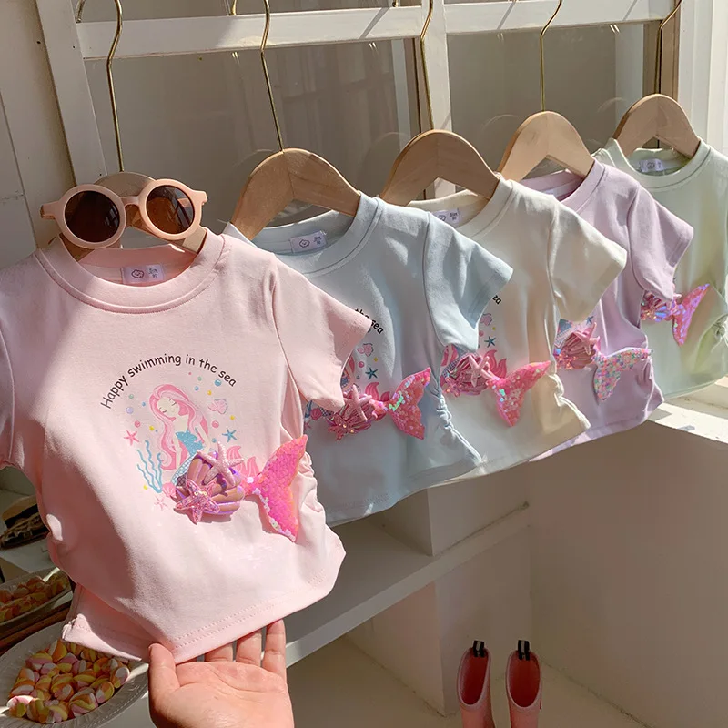 2-10T Mermaid Print Girls T Shirt Summer Tee Top Toddler Kid Baby Girl Clothes Short Sleeve Cute Sweet Tshirt Infant Outfit