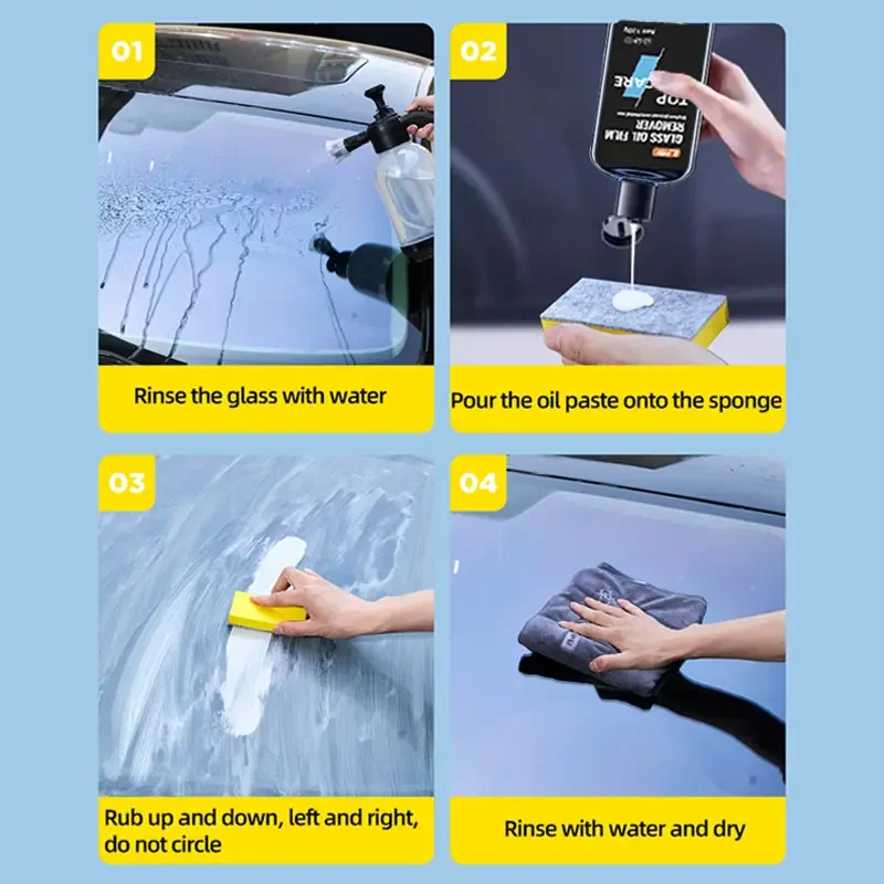 Glass oil film remover, windshield water spot remover,providing streak-free shine for colored and clear glass.