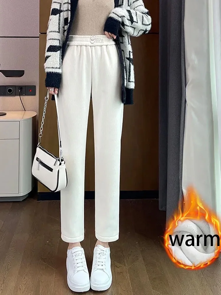 المرأة عادية مطاطا سراويلي حريمي سميكة المخملية سروال قصير بنطلونات فضفاض مستقيم عالية الخصر موضة بنطلون Hosen #4