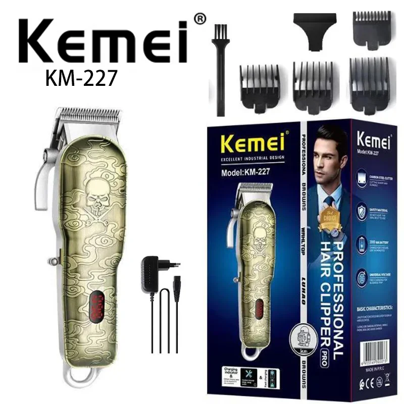 Kemei Km-227 Metal Body Skull Carving Led Digital Display Professional Charging Silent Men Electric Hair Clipper