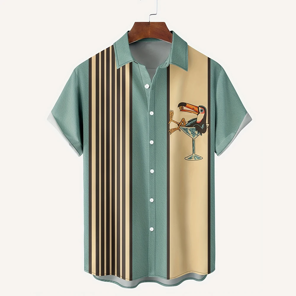 

Plus-Size Loose Shirt 3D Pelican And Wine Glass Print Shirt Men'S Striped Short Sleeve Lapel Button Down Shirt Men'S Casual Top