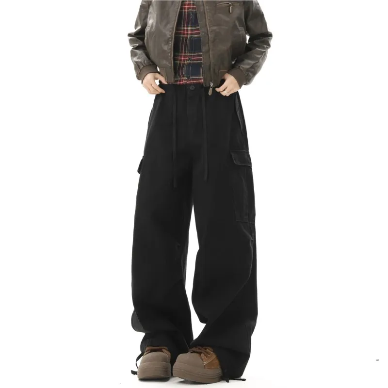 Multi-pockets Cargo Pants Men Women Hip-hop Wide-leg Mopping Trousers Vintage Loose Casual Spring Couple Unisex Drawstring Pants