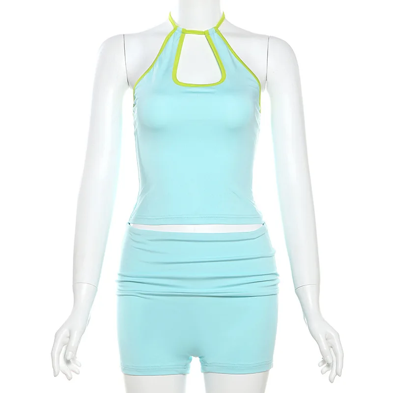 Soild-set 2 peça para as mulheres, sexy, top halter, lace-up, regata sem encosto, shorts de cintura alta, treino, novo, primavera verão, 2022