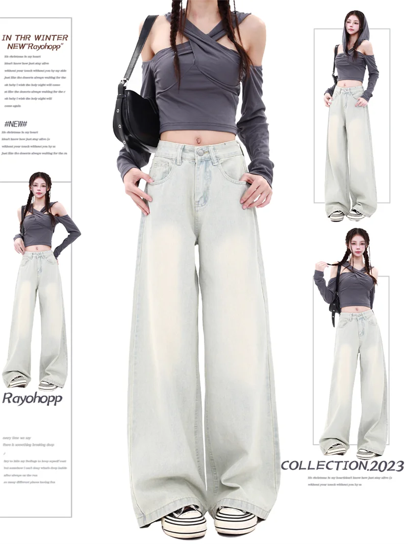 

WCFCX STUDIO American Retro High Waist Baggy Jeans Women Wide Leg Straight Denim Trousers Streetwear Y2K Harajuku Loose Pants