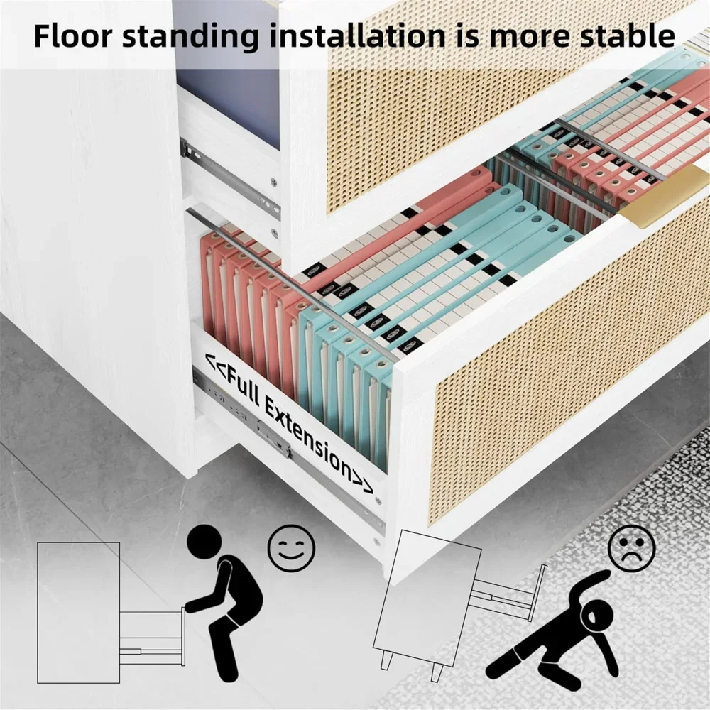 "2-Drawer File Cabinet w/ Lock - Wood Rattan Lateral Filing Cabinet & Printer Stand for Home Office & School"