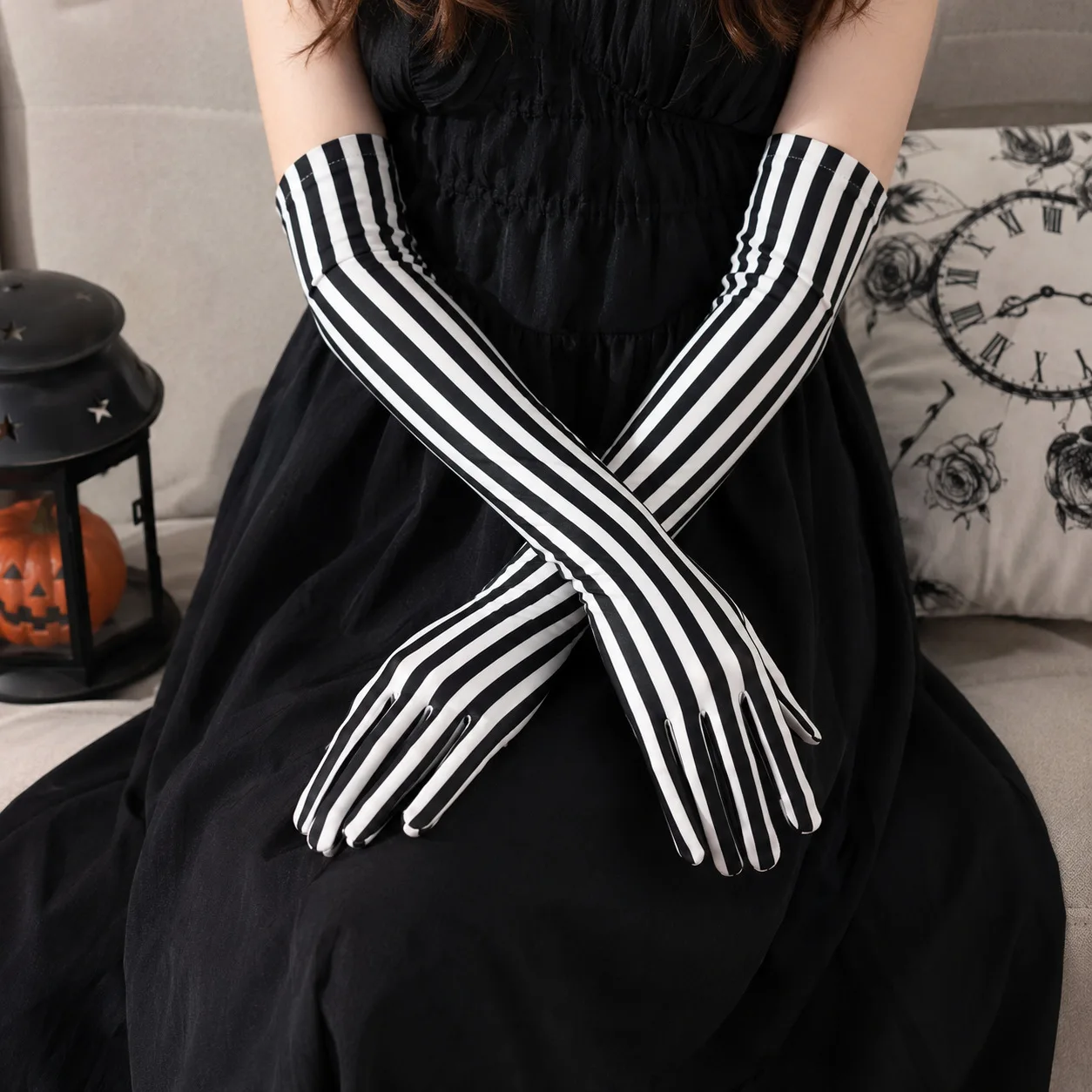 Women Long Striped Opera Gloves Elastic Satin Black‑White Stripe Gloves For Halloween Carnival Theme Party Dress‑up Props 