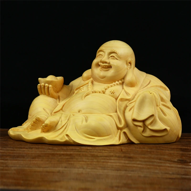 

12*8*7cm Boxwood Yellow Color Hand Piece Exquisite Delicate Maitreya Carving Figurine Collective Decorate Putting Ornaments