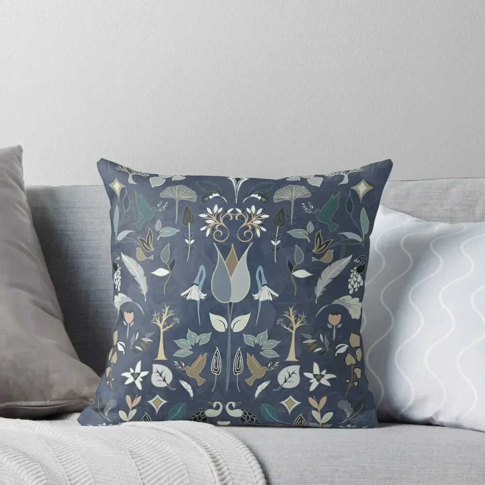 William Morris Inspired Art Nouveau Victorian Embroidery Style Pattern. Dusky blue. Throw Pillow pillow cover luxury pillow