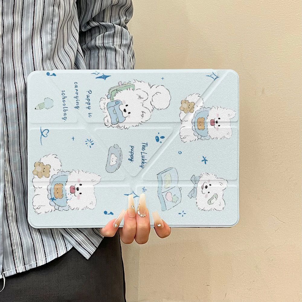 New Cartoon Puppy Blue Y2K Y-Fold Tablet Case For iPad Pro 11 12.9 13 A16 M2 M4 M3 M5 5/6/7/8/9/10/11th Mini Air 3 4 5 6 7 Cover