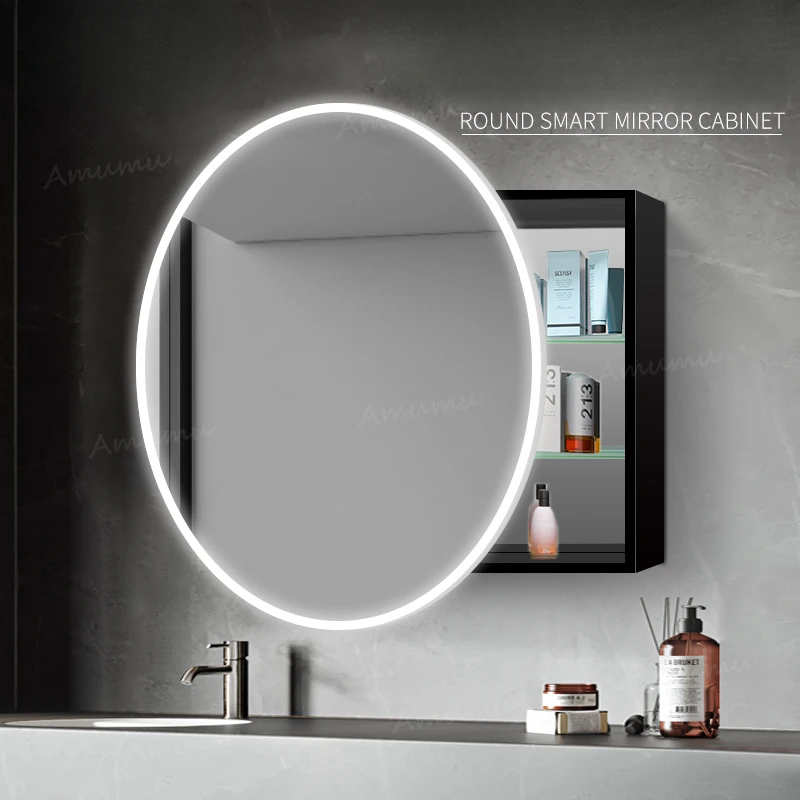 Bathroom Circular Mirror Cabinet Wall Mounted Storage Bathroom with Light Aluminum Alloy Defogging Intelligent Mirror Cabinet