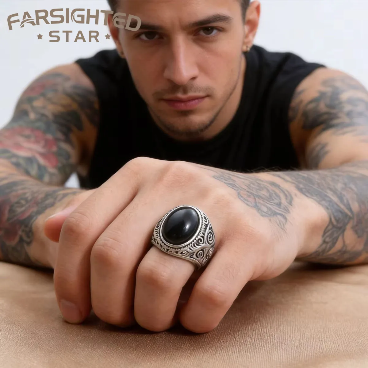 Wholesale Retro Jewelry Turquoise Rings for Men Titanium Steel Inlaid Agate Rings for Men Dominating Natural Stone Rings