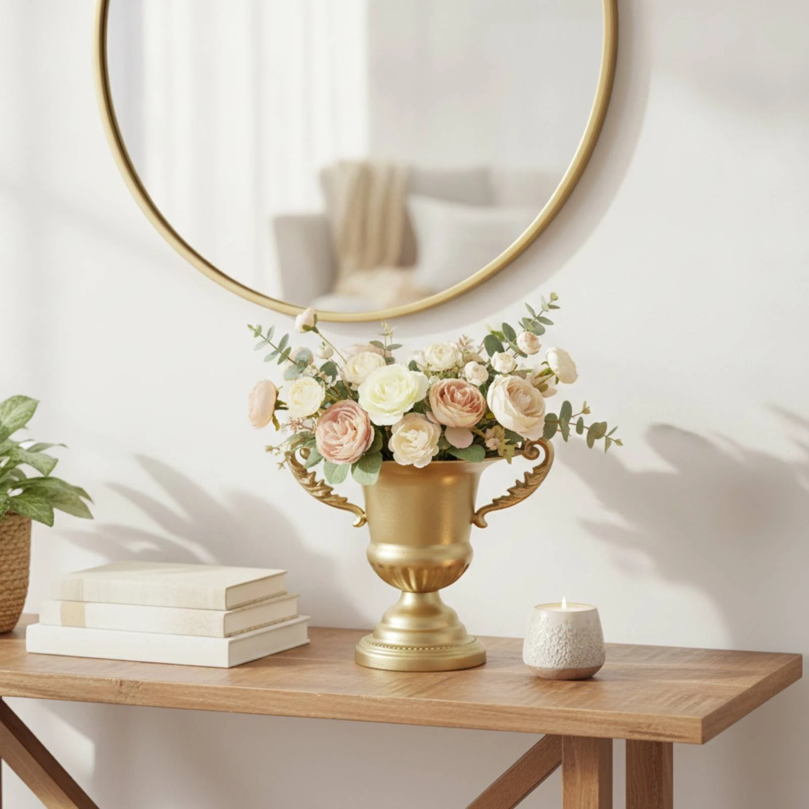 Pedestal Vase with Handles Reflective Metal Vase with Handles Pedestal Urn Elegant Flower Holder Traditional