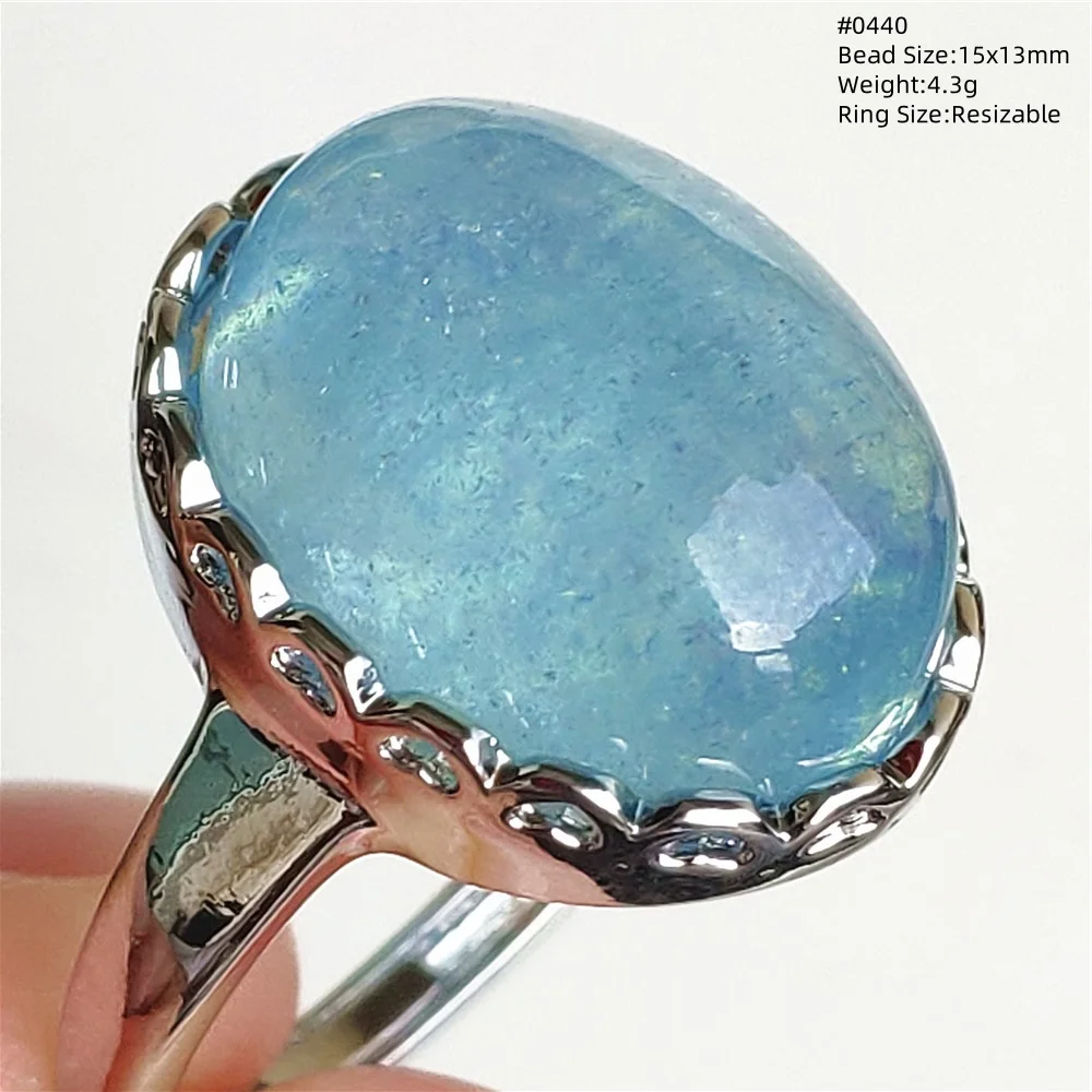 

Genuine Natural Blue Aquamarine Bead Ring Adjustable Ring 925 Silver 15x12mm Clear Bead Aquamarine Ring Jewelry AAAAAA