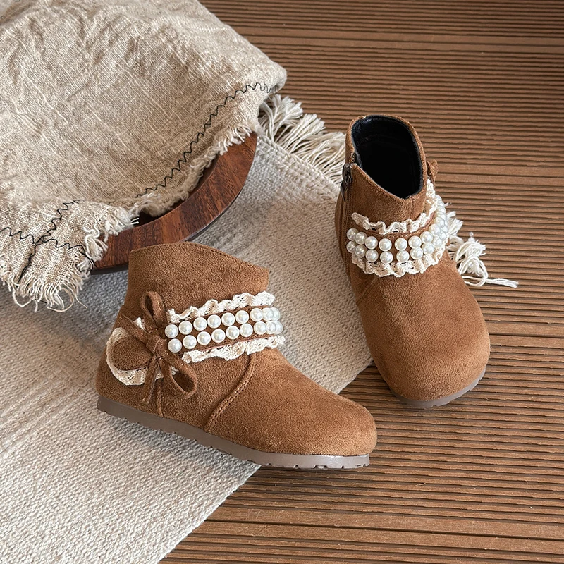 Toddler Girls Pearl Lace Ankle Boots, Side Zipper, Non Slip Soft Sole, Retro Suede Boots for Autumn Party Daily Wear