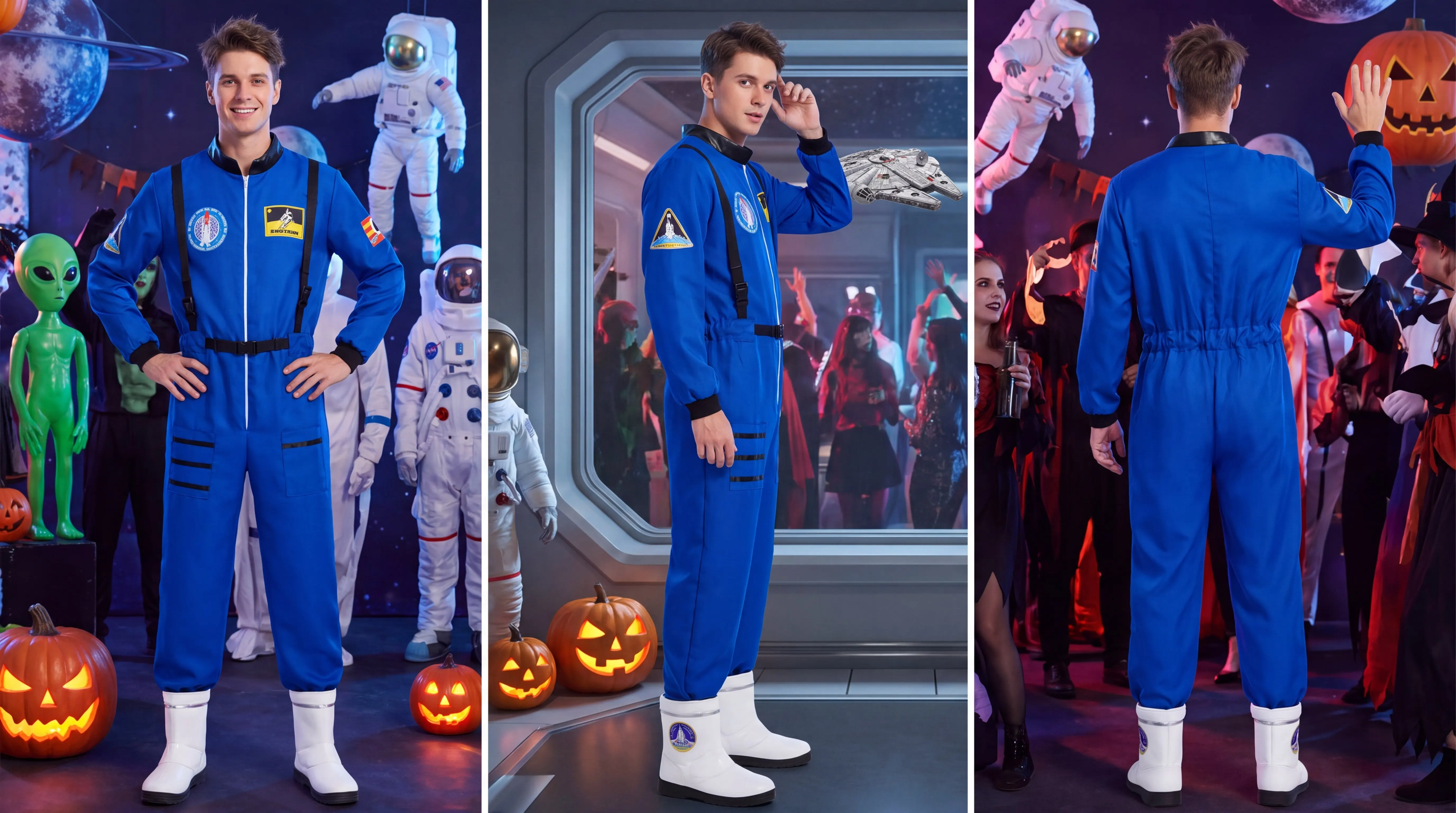 Astronauten-Kostüm für Erwachsene, für Damen und Herren, Fluganzug-Kostüm, Cosplay, Weltraum-Astronaut, blauer Ganzkörper-Overall mit Reißverschluss, Karneval – Detail 8