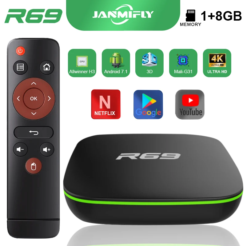 R69 Android 7.1 OS Allwinner H3 HD 4K Media Player Power input 5V/2A Smart TV Box Ethernet 100M