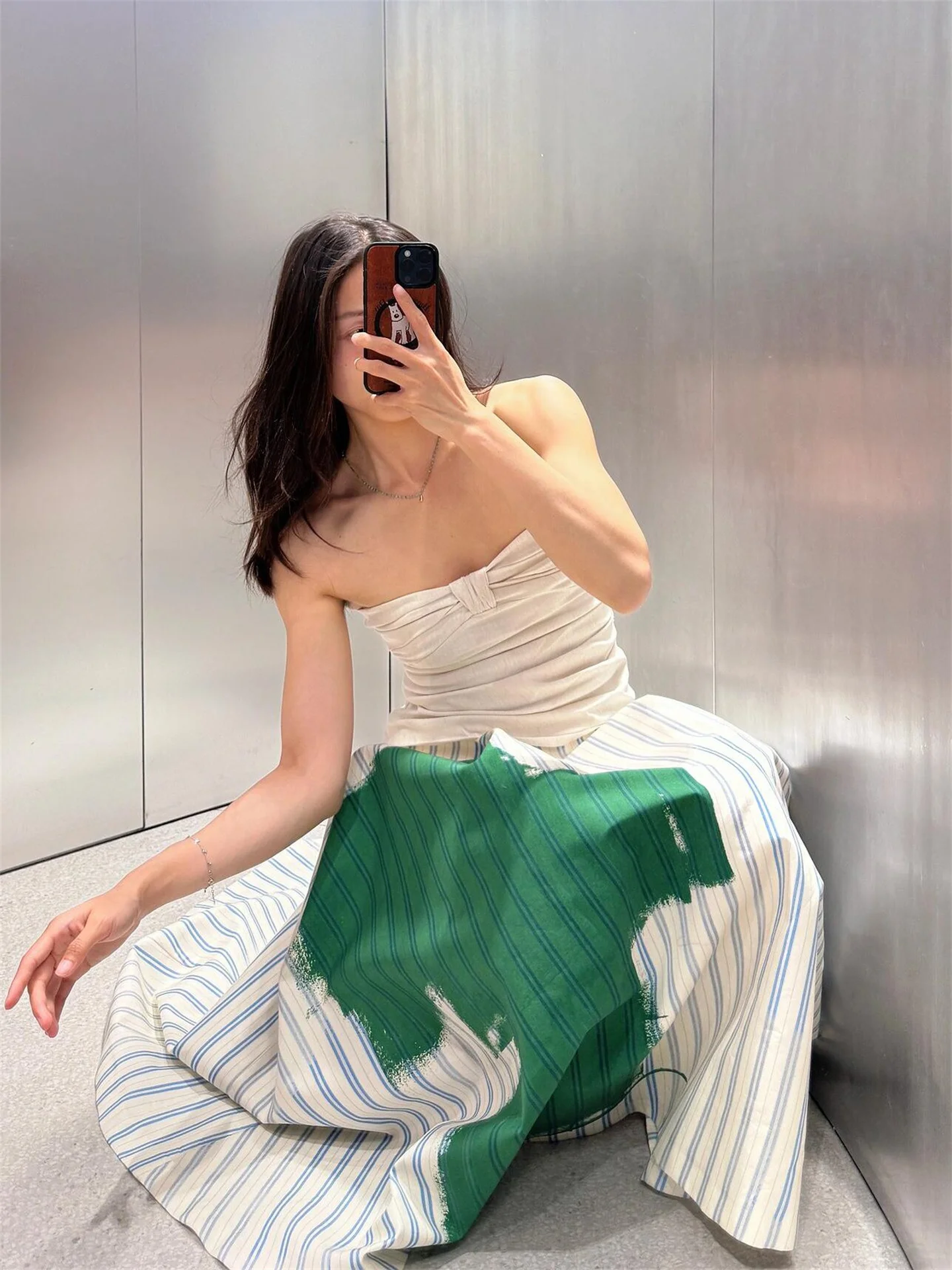 

Юбка-миди трапециевидной формы с высокой талией BANA, полосатая юбка с принтом f-длины, летняя коллекция, расклешенная юбка Ele