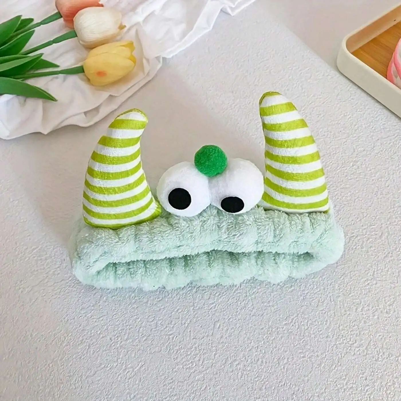 

Cute Striped Bull Horn Headband For Adults, Plush Coral Fleece Hair Band For Bath Spa Yoga Face Washing