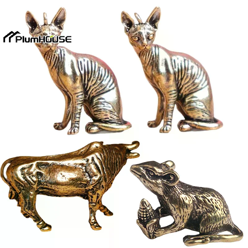 Brass Hairless Cat Small Statue Desktop Ornaments Vintage Animal Figurines Model Lucky Home Decorations Crafts Accessories