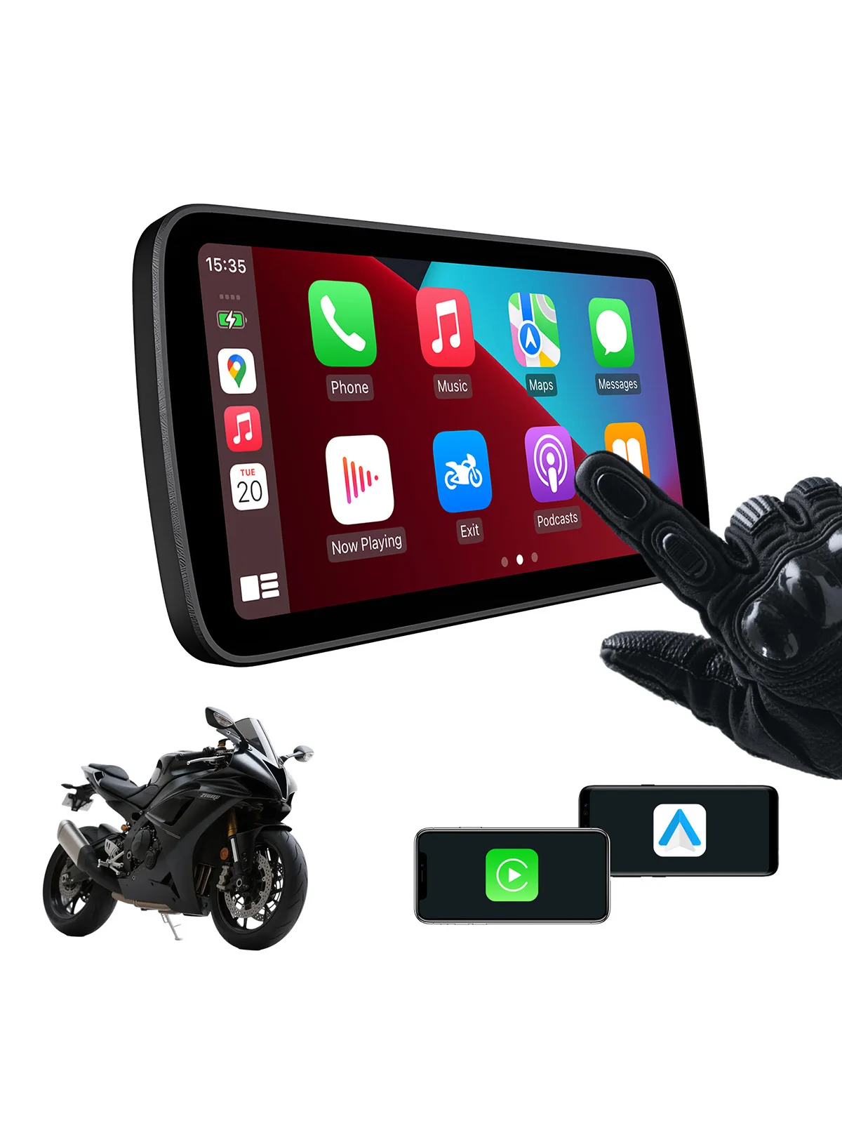 6-Inch Smart Motorcycle Display, Wireless Apple CarPlay & Android Auto,IP67 Waterproof, Built-in TPMS,Quick-Release Bracket