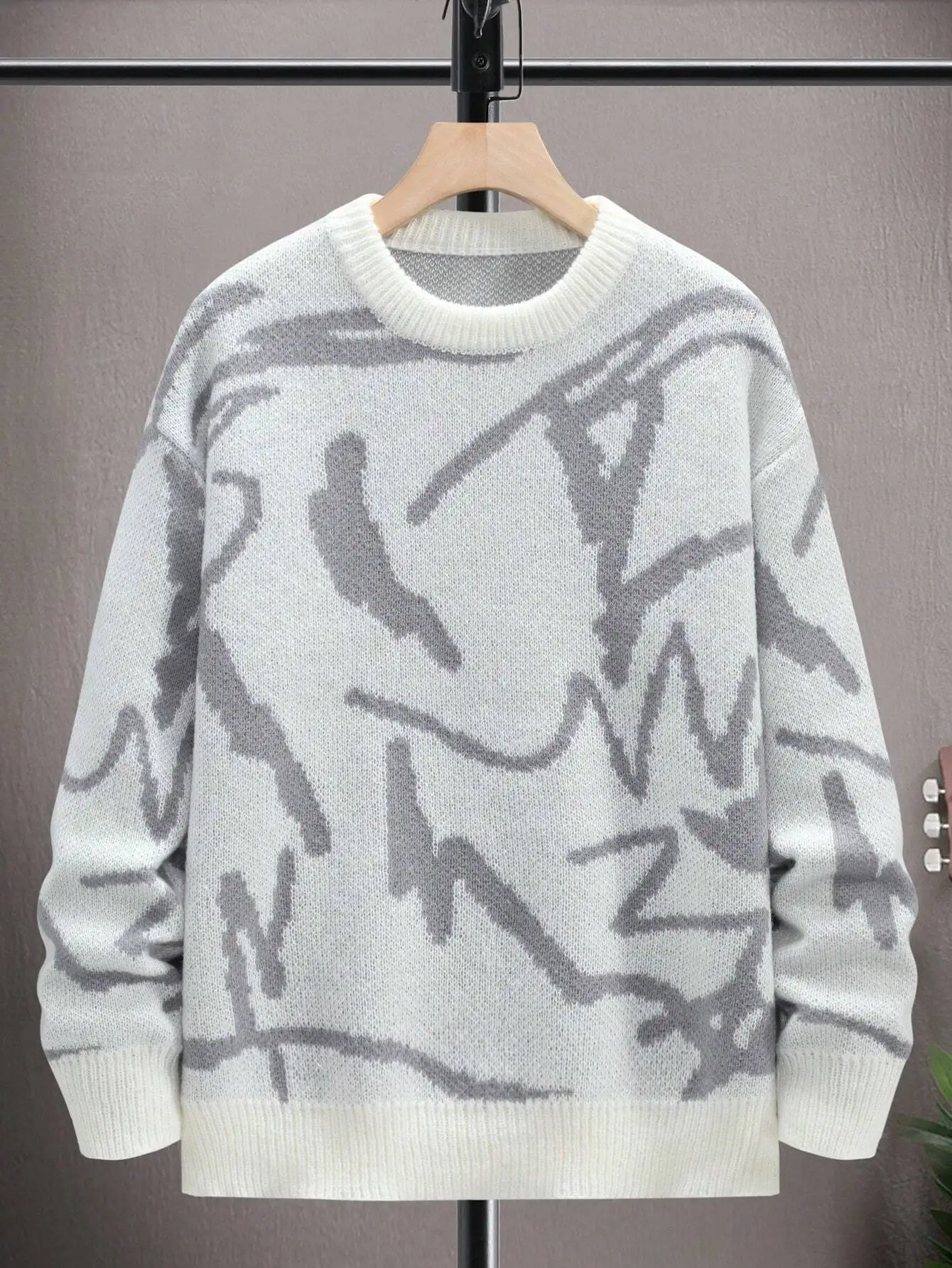 

Men's Abstract Graphic Knit Sweater, Drop Shoulder, Long Sleeve, Fall Winter Casual