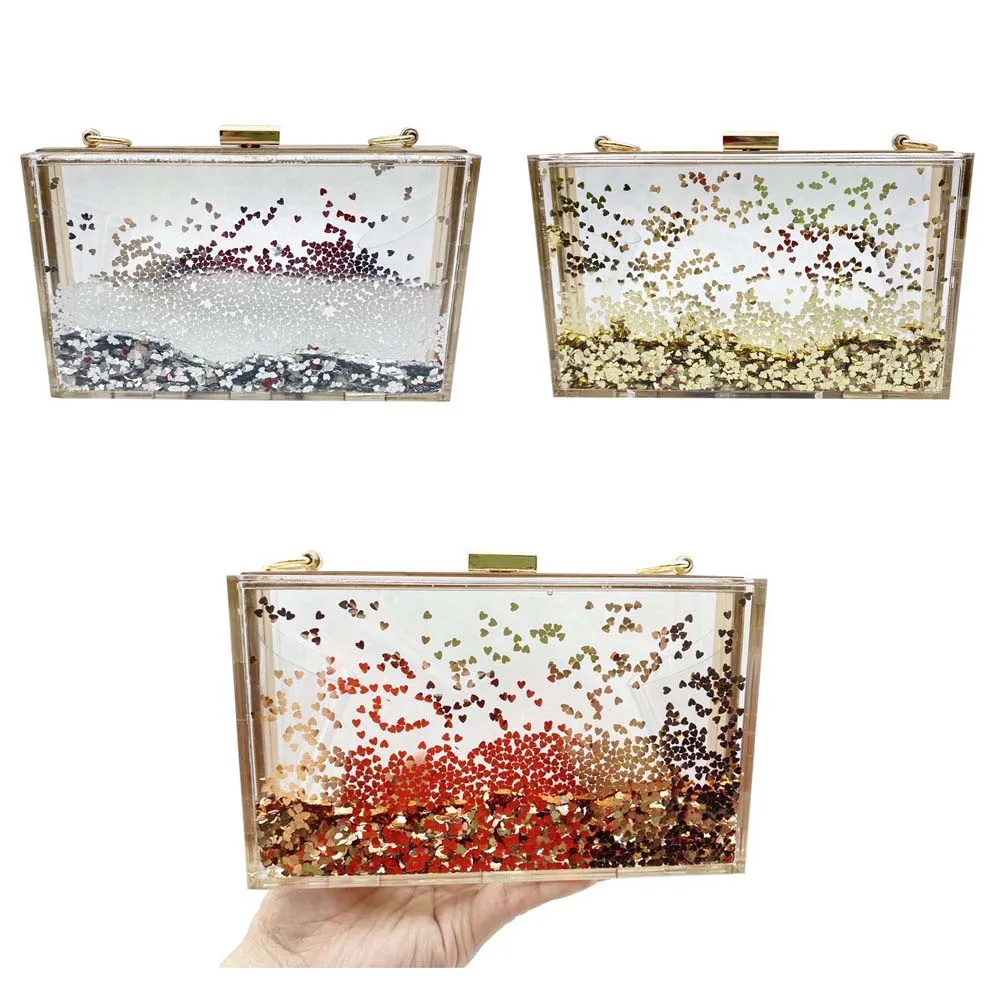 Fashion Transparent Summer Holiday Handbag Brand Acrylic Clutch Bag Loving Heart Liquid Clutch Purse For Women Evening Luxury