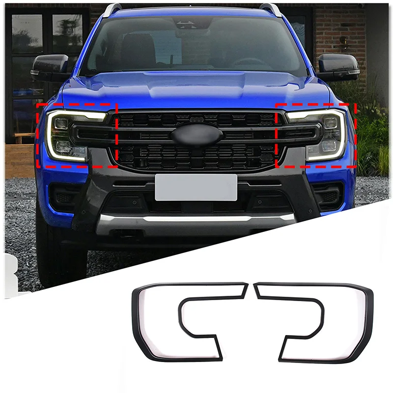 

2Pcs ABS Matte Black Car Front Headlight Cover Headlamp Trim For Ford Ranger 2023 Auto Exterior Accessories