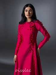 Oisslec Fuchsia Prom Dresses Appliques Long Sleeves Formal Evening Dresses Long Floor Length Party Vestidos De Noches