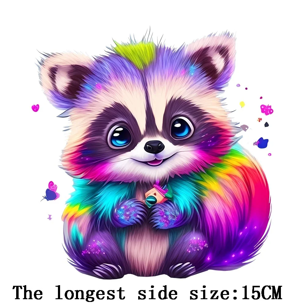 Cartoon Raccoon Flower Iron On Transfer Stickers Diy A-Level Washable Heat Press Printed Accessory Clothes Patches For Jackets