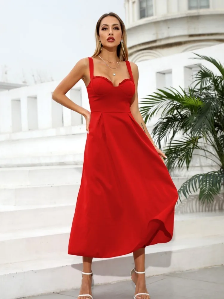 Women\'s Formal Wrap Red Midi Dress V Neck Sleeveless Summer Ladies Elegant Sexy Strap Evening Cocktail Party Gown Ceremony Dress