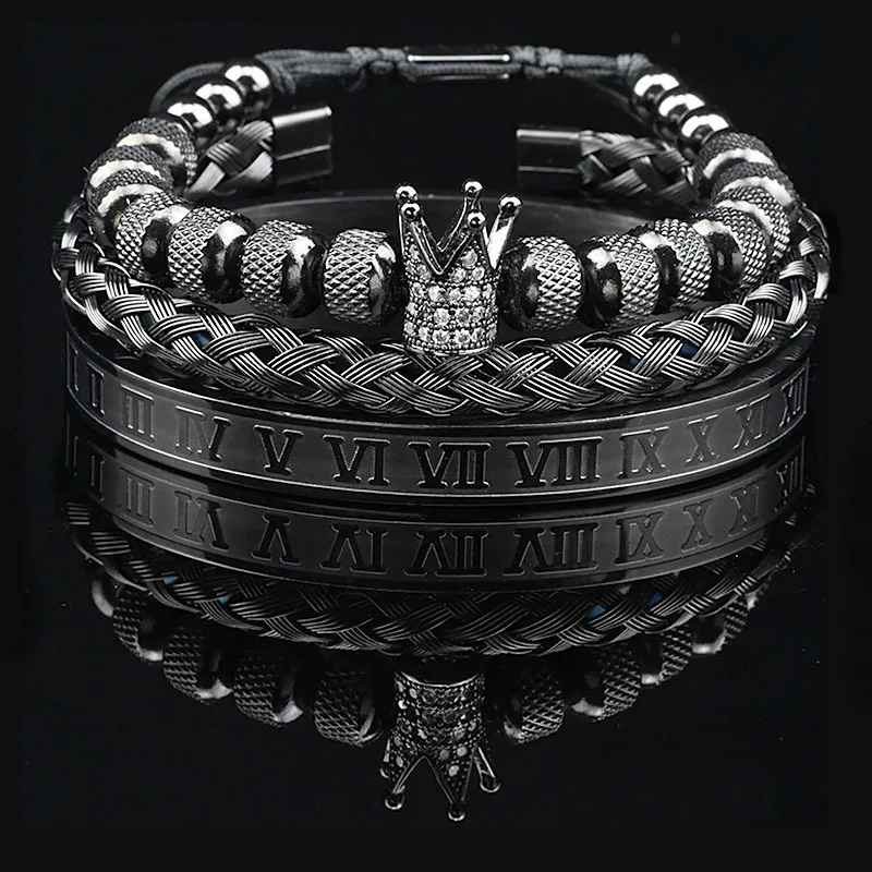 Luxury Set Crown Charms Man Bracelet Roman Stainless Steel Women Bangles Hand Jewelry Valentine's Day Gift